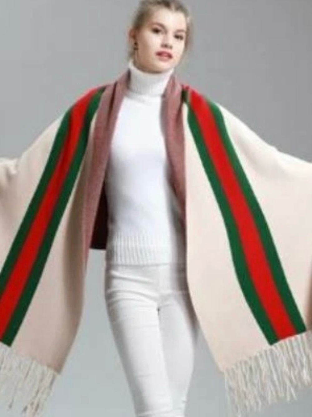 Beige Fringe Open-Front Shawl Coat with Green & Red Stripes Sweater Shrug Poncho